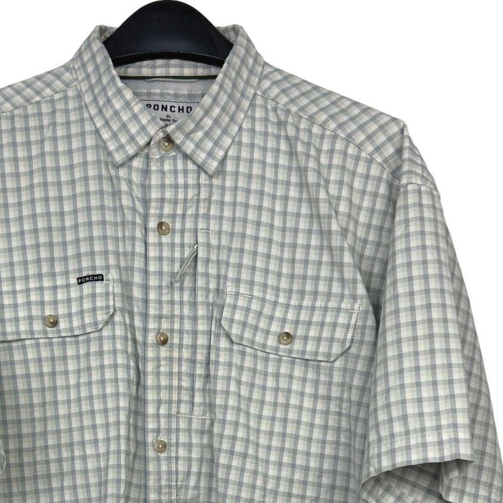 Poncho Outdoors Fishing Shirt Mens XL Sage Green Gingham Magnetic Pockets *read